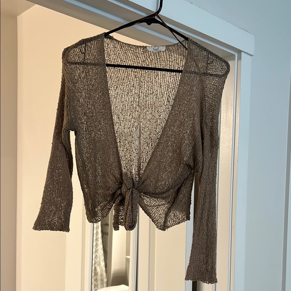 Sheer Cropped Brown Tie-Front Cardigan